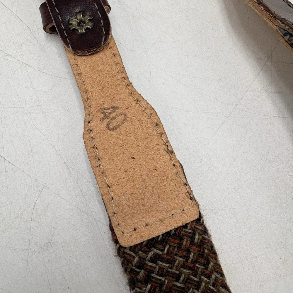 VTG 70s Woven Stretch Belt Sz 40 Brown Tan Leather Trim Boho Preppy USA